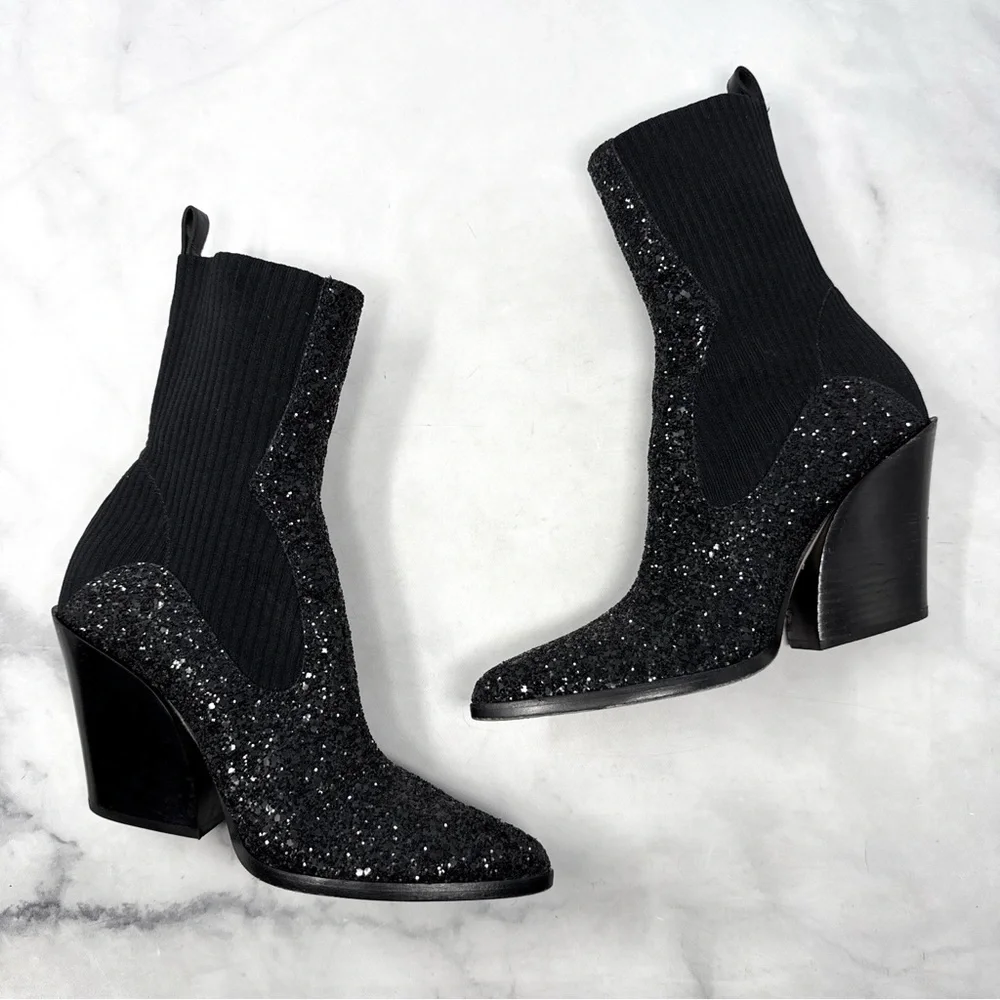 Jimmy Choo Mele Glitter 85 Chelsea Stretch Knit Block Heel Ankle Boots Black 36